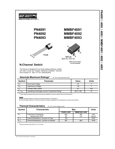 FAIRCHILD PN4091/PN4092/PN4093/MMBF4091/MMBF4092/MMBF4093 N-Channel Switch handbook - cover page