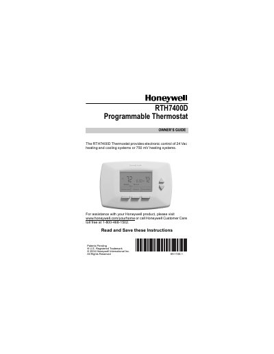 Honeywell RTH7400D Programmable Thermostat Owner's Guide - cover page