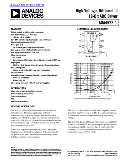 Analog Devices ADA4922-1 High Voltage Differential 18-Bit ADC Driver Datasheet - cover page