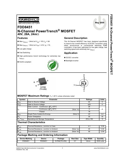 Fairchild FDD8451 N-Channel MOSFET Datasheet - cover page
