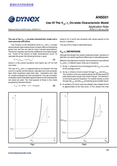 Dynex Semiconductor AN5001 Application Note Vt and r on-state Characteristic Model - cover page