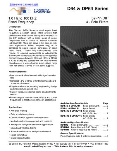 FREQUENCY D64 DP64 Series 32-Pin DIP 4 - Pole Filters handbook - cover page