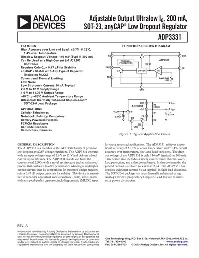 Analog Devices ADP3331 Low‑Dropout Regulator Datasheet - cover page