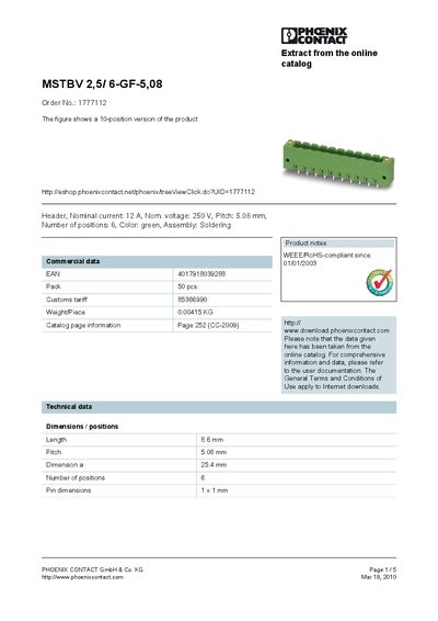 PHOENIX CONTACT MSTBV 2 5/ 6-GF-5 08 Order No.: 1777112 The figure shows a 10-position version of the product handbook - cover page