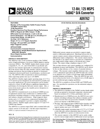 Analog Devices AD9762 12‑Bit 125 MSPS TxDAC® D/A Converter Datasheet - cover page