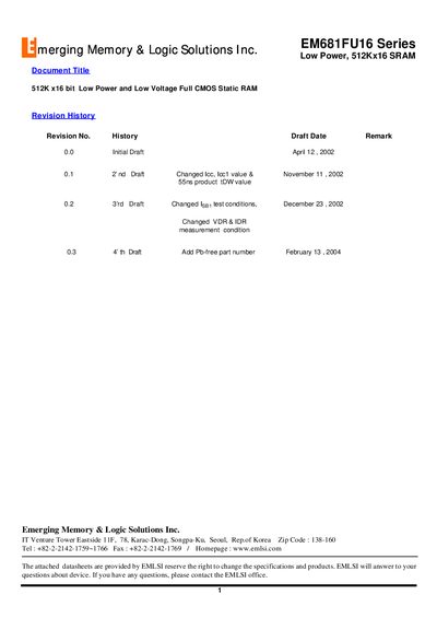 EMLSI EM681FU16 Series Low Power 512Kx16 SRAM Datasheet - cover page