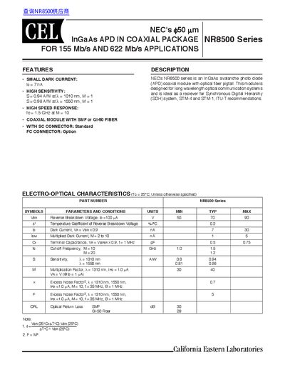 California Eastern Laboratories NR8500 Series InGaAs APD Datasheet - cover page