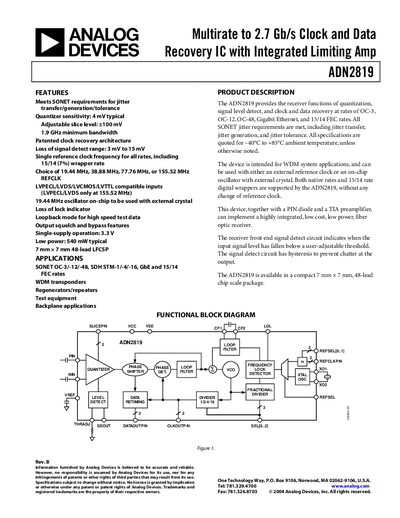 Analog Devices ADN2819 Clock and Data Recovery IC Datasheet - cover page