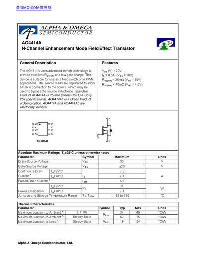 Alpha & Omega Semiconductor AO4414A N-Channel Enhancement Mode Field Effect Transistor Datasheet - cover page