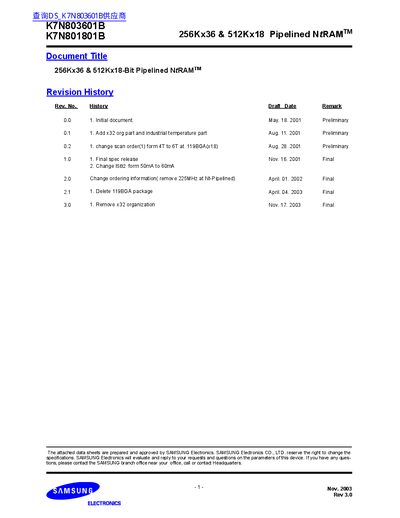 Samsung K7N803601B/K7N801801B 256Kx36 & 512Kx18 Pipelined NRRAM Datasheet - cover page