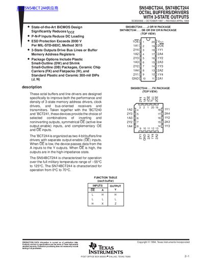 Texas Instruments SN54BCT244 / SN74BCT244 Octal Buffer/Driver with 3-State Outputs Datasheet - cover page