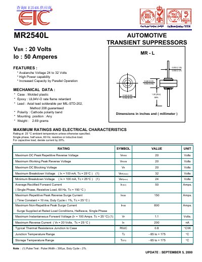 EIC MR2540L Automotive Transient Suppressor Datasheet