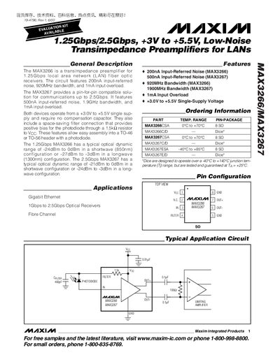 Maxim Integrated MAX3266/MAX3267 Transimpedance Preamplifier Datasheet