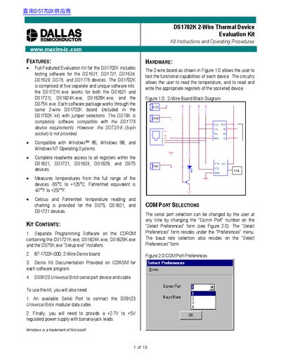 Dallas DS1702K 2-Wire Thermal Device Evaluation Kit User Manual - cover page