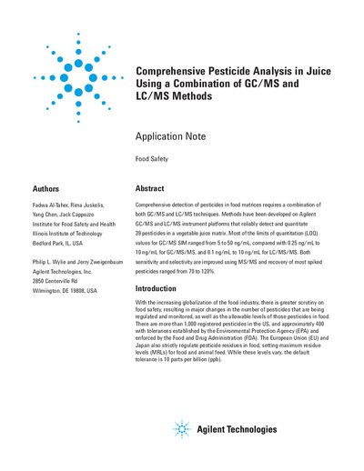 Comprehensive Pesticide Analysis in Juice Using GC/MS and LC/MS Methods Application Note - cover page