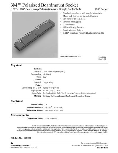 3M 9100 Series Polarized Boardmount Socket Product Data Sheet - cover page