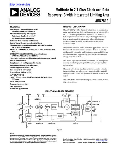 Analog Devices ADN2819 Multirate Clock and Data Recovery IC Datasheet - cover page