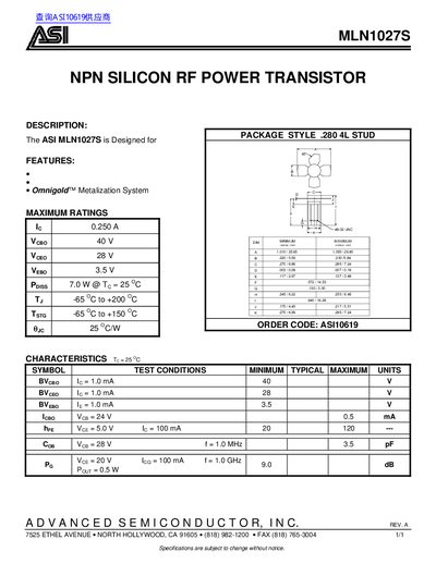 ASI MLN1027S NPN Silicon RF Power Transistor Datasheet