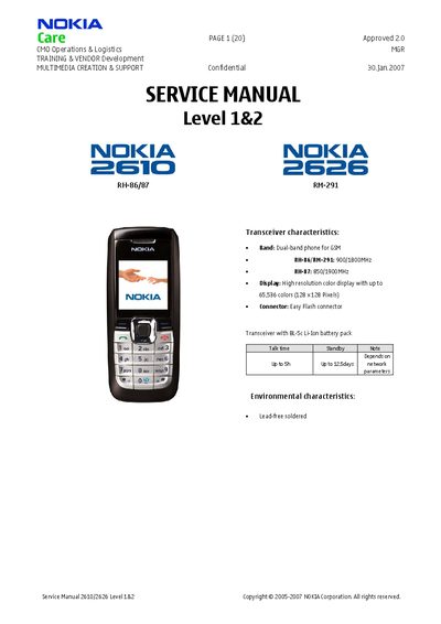 Nokia 2610/2626 Level 1&2 Service Manual - cover page