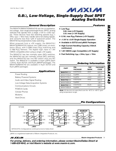 Maxim MAX4741/MAX4742/MAX4743 Low-Voltage Dual SPST Analog Switches Datasheet - cover page