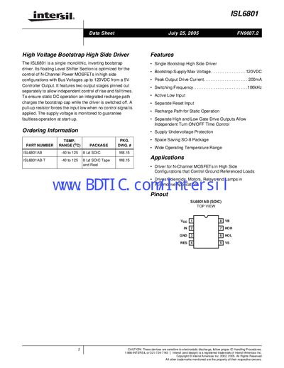 Intersil ISL6801 High Voltage Bootstrap High Side Driver Datasheet - cover page