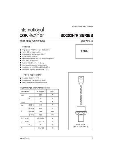 International Rectifier SD253N/R Series Fast Recovery Diode Datasheet - cover page