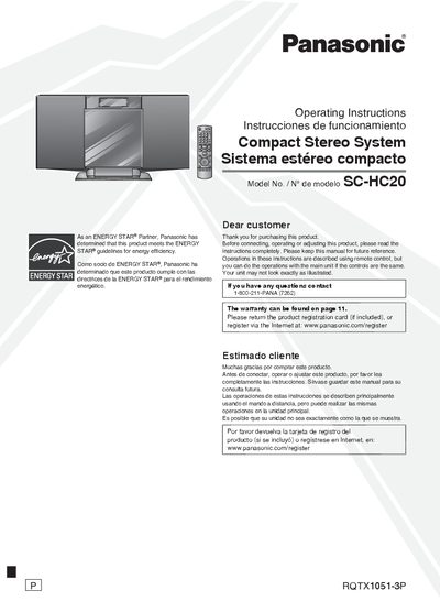 Panasonic SC-HC20 Compact Stereo System Operating Instructions - cover page