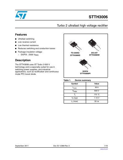 STMicroelectronics STTH3006 Turbo 2 Ultrafast High Voltage Rectifier Datasheet