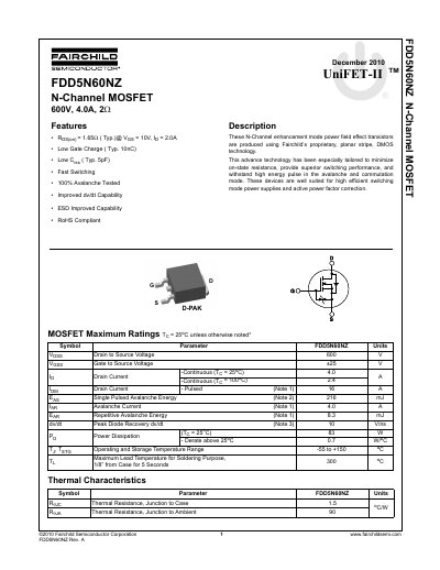 Fairchild FDD5N60NZ N-Channel MOSFET Datasheet - cover page