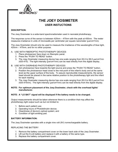 Respironics Joey Dosimeter User Instructions - cover page