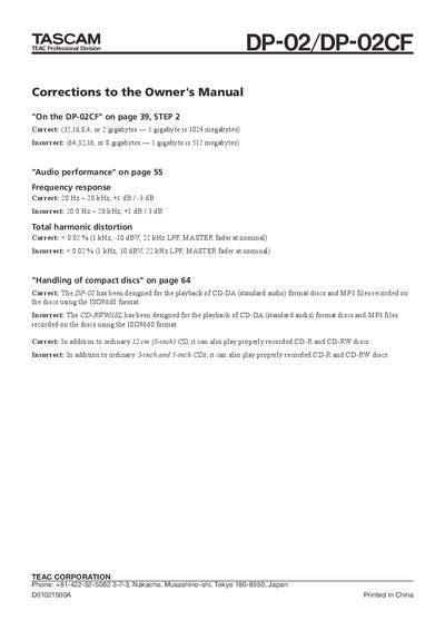 TASCAM DP-02/DP-02CF Owner's Manual Corrections - cover page