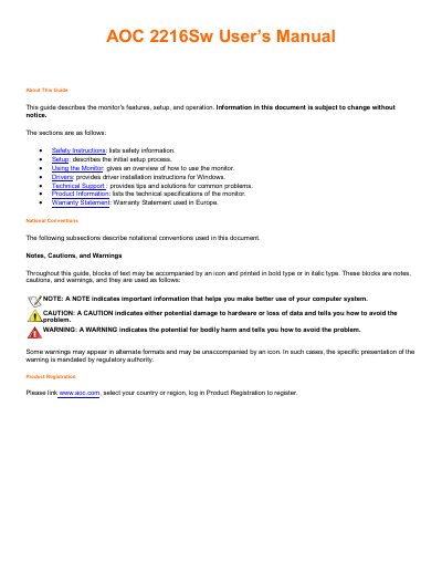 AOC 2216Sw Monitor User Manual - cover page