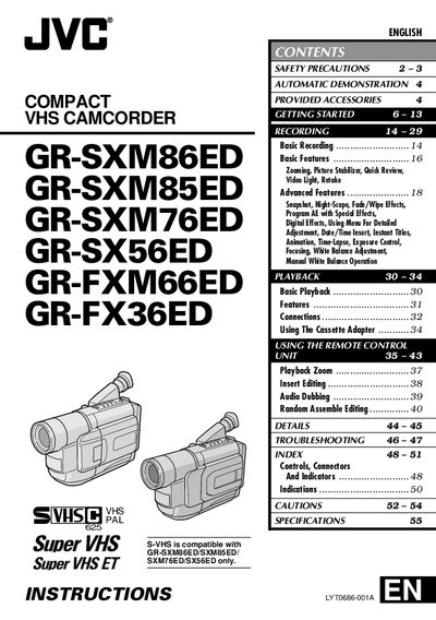 JVC GR-SXM86ED / GR-SXM85ED / GR-SXM76ED / GR-SX56ED / GR-FXM66ED / GR-FX36ED Camcorder User Manual - cover page