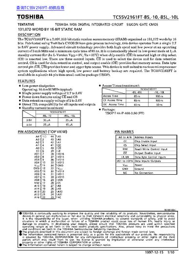 Toshiba TC55V2161FT-85,-10,-85L,-10L Datasheet - cover page