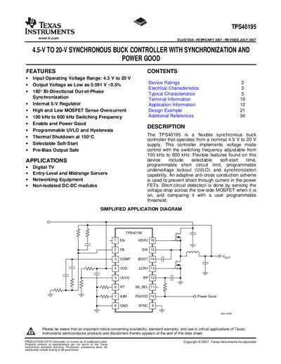 Texas Instruments TPS40195 Synchronous Buck Controller Datasheet - cover page