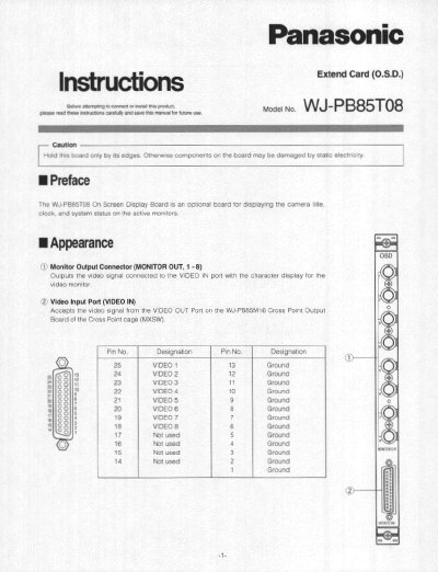 Panasonic WJ-PB85T08 On Screen Display Board Installation and Setup Instructions - cover page
