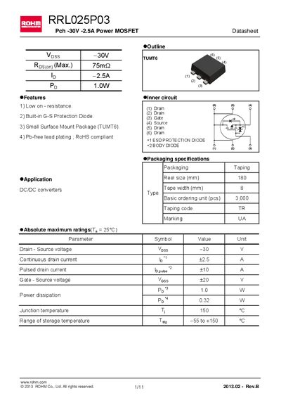 ROHM Semiconductor RRL025P03 Data Sheet - cover page