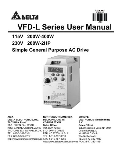 Delta VFD-L Series User Manual - cover page