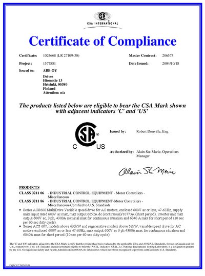 ABB ACS600/ACS800 Variable Speed Drive Certificate of Compliance - cover page