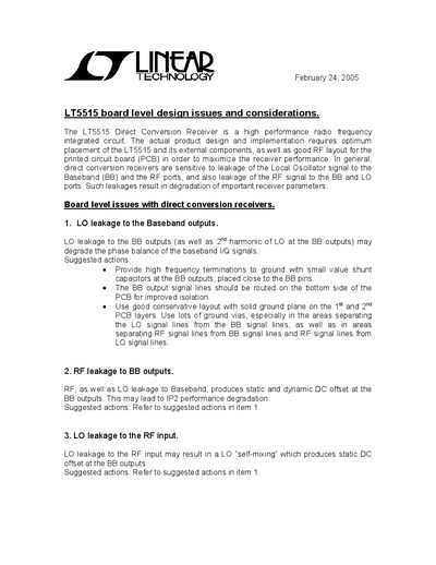 Linear Technology LT5515 Board Level Design Issues and Considerations Handbook - cover page