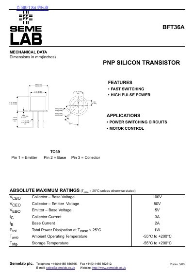 Semelab BFT36A Transistor Datasheet - cover page
