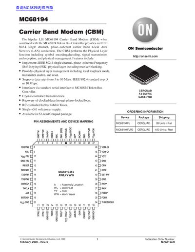 ON Semiconductor MC68194 Carrier Band Modem Datasheet - cover page