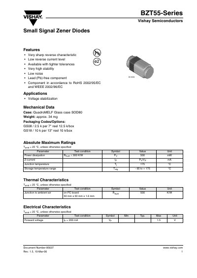 Vishay BZT55-Series Small Signal Zener Diode Datasheet - cover page