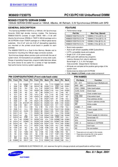 Samsung M366S1723DTS PC133/PC100 Unbuffered DIMM Datasheet - cover page