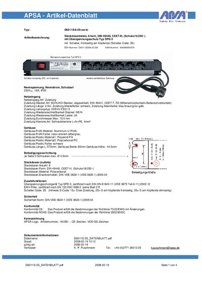 APSA D6011S-2S Power Strip Data Sheet - cover page