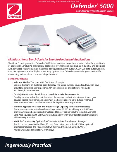 OHAUS Defender 5000 Series Bench Scale Product Leaflet - cover page