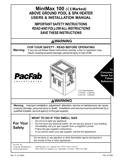 PacFab MiniMax 100 Above Ground Pool & Spa Heater User Installation Manual - cover page