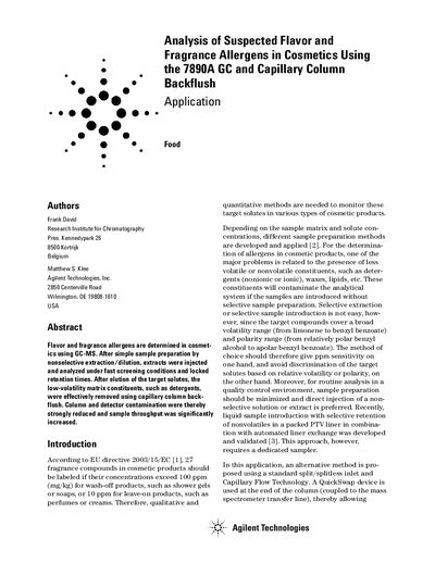 Agilent 7890A/5975 Analysis of Flavor/Fragrance Allergens in Cosmetics Using Capillary Column Backflush Application Note - cover page