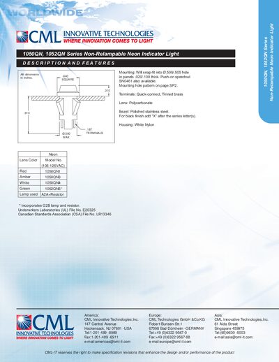 CML 1050QN/1052QN Series Non-Relampable Neon Indicator Light Product Leaflet - cover page