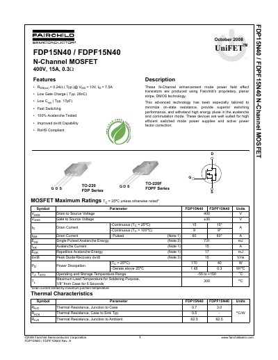 Fairchild FDP15N40 / FDPF15N40 N-Channel MOSFET Datasheet - cover page